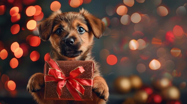 Photo festive dog with gift in front of christmas tree image