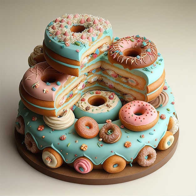 Festive donut birthday cake Creative dessert concept Ai generative