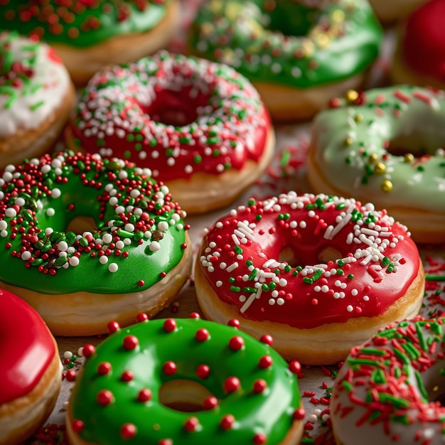 Photo festive donuts for the holidays red and green icing sprinkles and christmas toppings