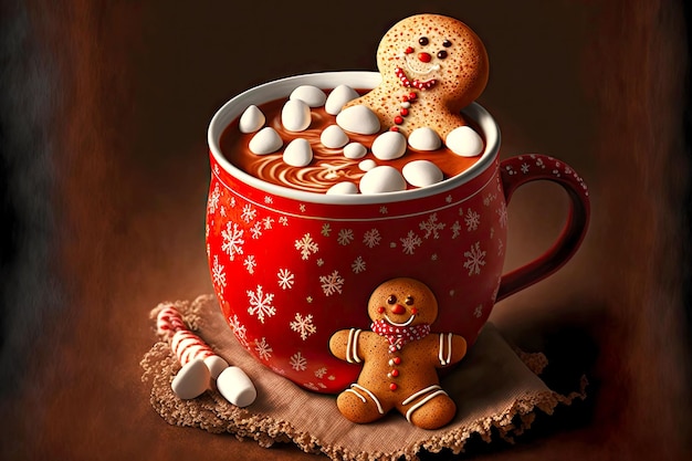 Festive drink hot chocolate red cup with marshmallows and gingerbread man