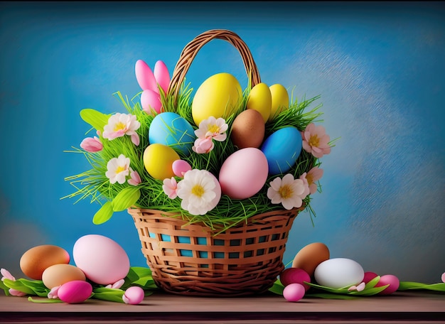 Festive Easter card with colorful Easter eggs and flowers