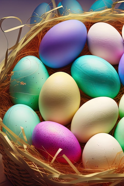 Festive Easter vertical poster template with colorful colorful eggs website template Spring holiday Easter eggs in a basket Happy easter Easter eggs set