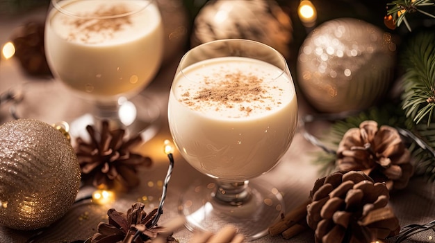 A festive eggnog cocktail topped with a sprinkle of cinnamon New Year seasonal drink The concept of relaxing in the company of friends during the holiday Spruce cones and twigs Generative by AI