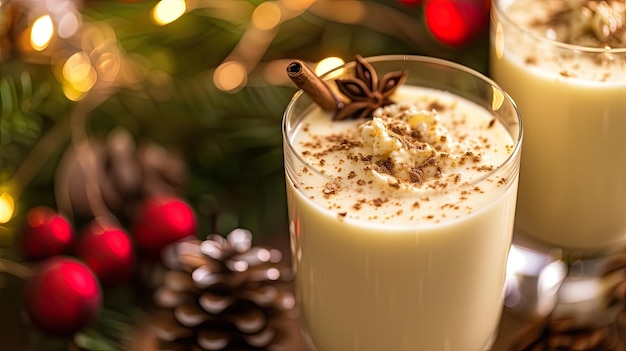 A festive eggnog cocktail topped with a sprinkle of cinnamon New Year seasonal drink The concept of relaxing in the company of friends during the holiday Spruce cones and twigs Generative by AI