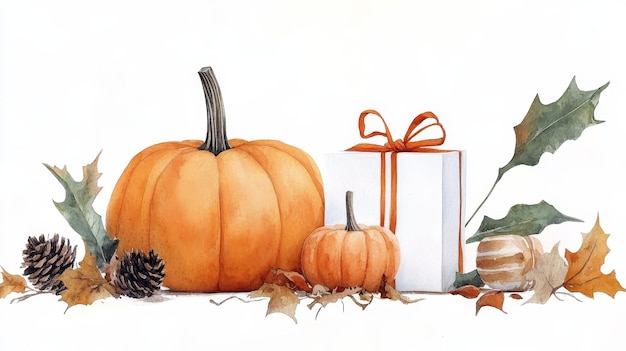 Festive Fall Gift with Pumpkins and Autumn Leaves A white gift box with an orange ribbon is s