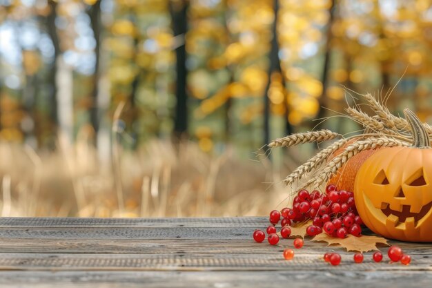 Photo a festive fall scene with a carved pumpkin