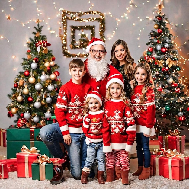 a festive family posing in front of a charismas tree with santa Claus and his reindeer holding wrap