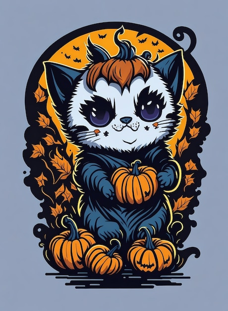 Festive Feline Fun Vibrant Kawaii Kitten TShirt Design for Halloween