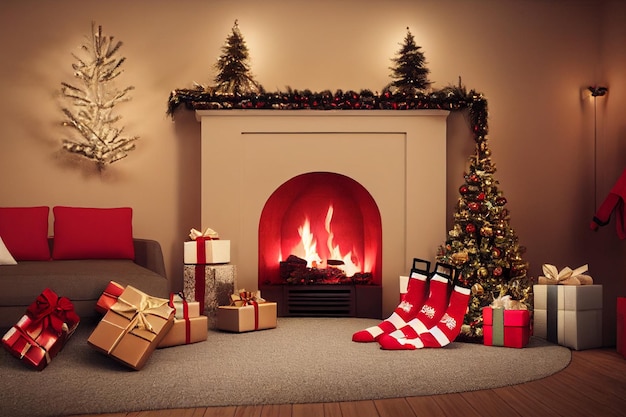 Festive fireplace Christmas tree balls Xmas present gifts black sofa