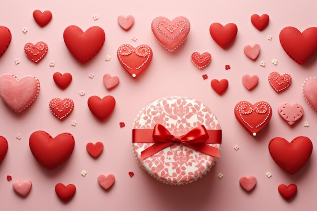 Festive flat lay composition of round gift box and heart shaped glazed candies and gingerbread on