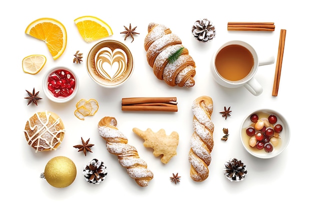 Festive Flat Lay with Coffee Tea Pastry and Christmas Decorations