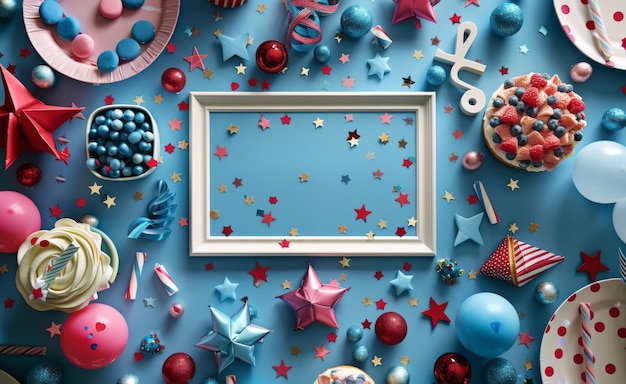 Festive flat lay with colorful decorations candies and stars on a blue background