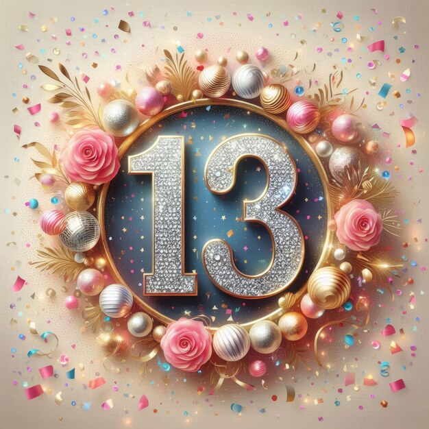 Festive floral arrangement featuring the number 13 surrounded by colorful decorations