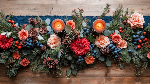 Photo festive floral table decoration with candles pine cones and berries