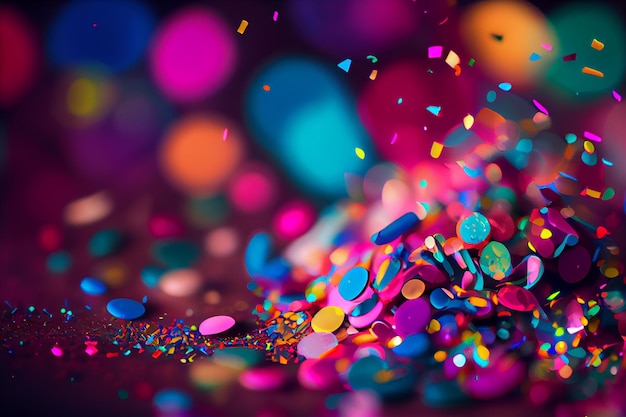 Festive flying in the air colored confetti for the celebration and party at night multicolored paper confetti to celebrate victory and birthday and new year Generative AI