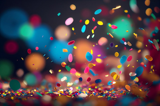 Festive flying in the air colored confetti for the celebration and party at night multicolored paper confetti to celebrate victory and birthday and new year Generative AI