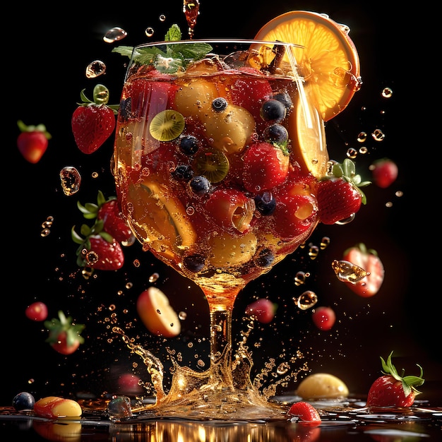 Festive fruit punch splashing in a glass colorful berries and citrus dynamic beverage photography AI