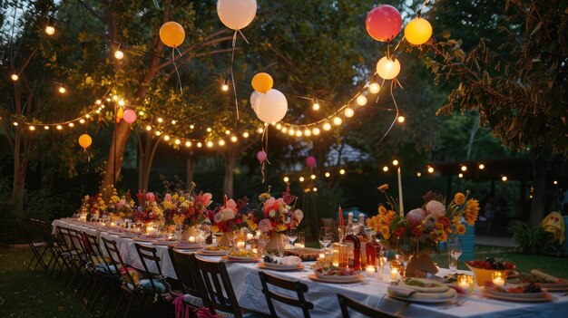 Festive Garden Dinner Party Under Twinkling String Lights