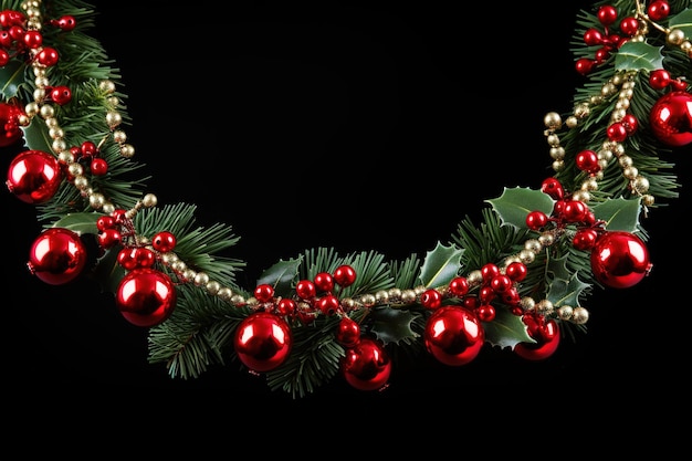 Photo a festive garland of evergreen holly and red ornaments for the holiday season on a clear png or white background