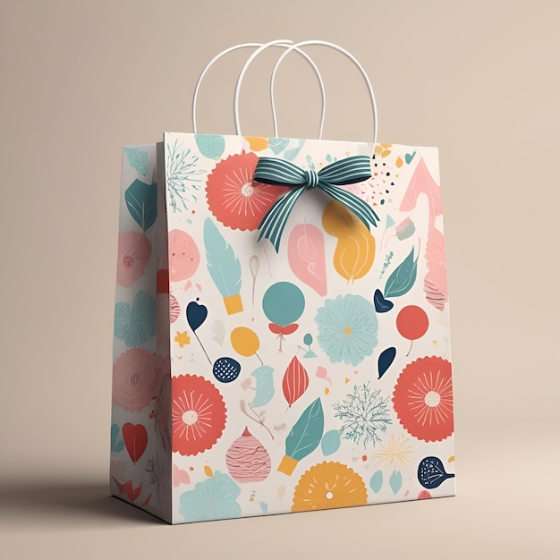 Photo festive gift bag mockup ribbon handle tissue paper and decorative designs