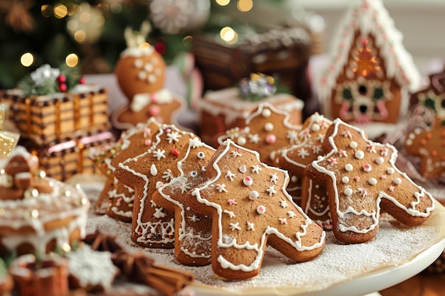 Festive Gingerbread Cookies on Plate with Christmas Decorations and Cinnamon Sticks in Background