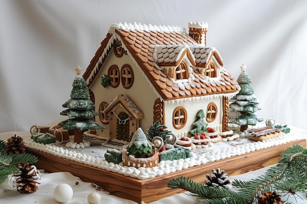 Festive gingerbread house with christmas decorations