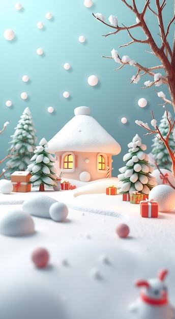 Festive gingerbread house with snowy trees and presents in a winter wonderland