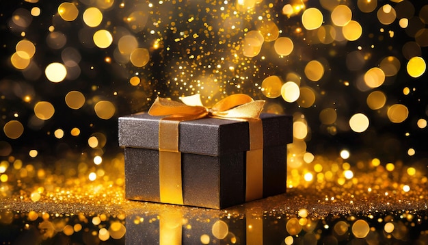 Festive golden gifts golden bokeh on the background Chistmas and New Year Gift