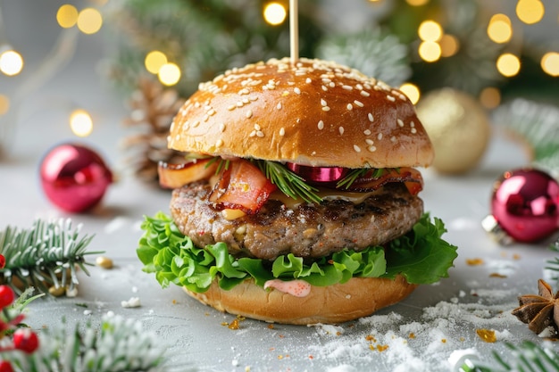 Festive Gourmet Burger with Christmas Background and Snowfall