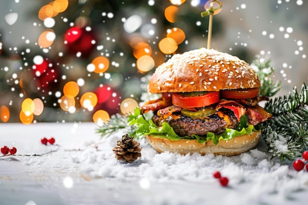 Festive Gourmet Burger with Christmas Background and Snowfall