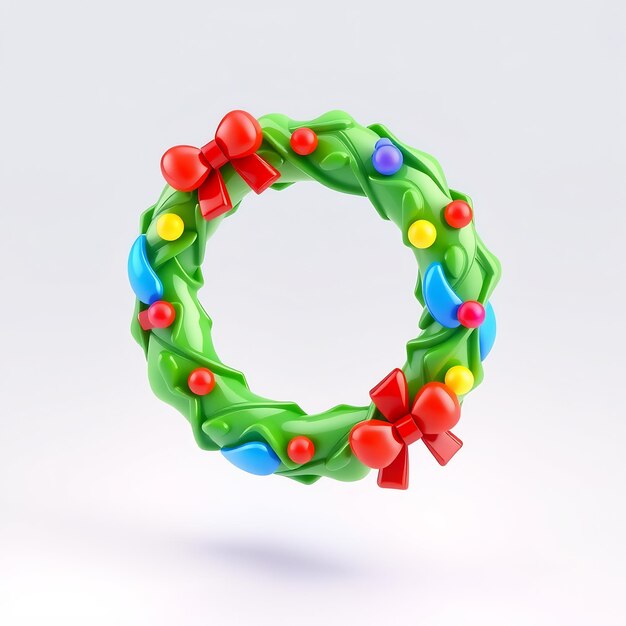 Photo a festive green wreath with red bows and colorful ornaments floating on a white background