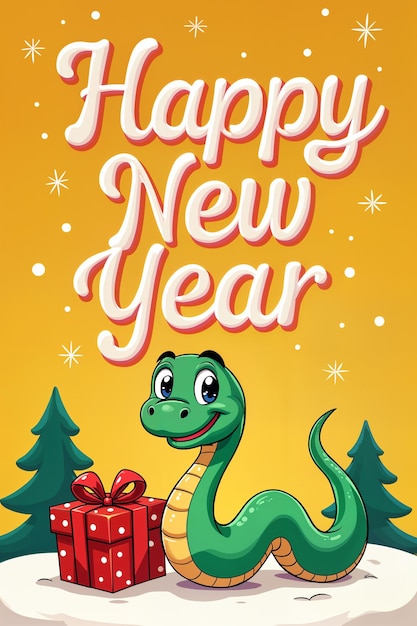 Festive greeting card with the message Happy New Year written on it accompanied by a cartoon snake and two Christmas trees