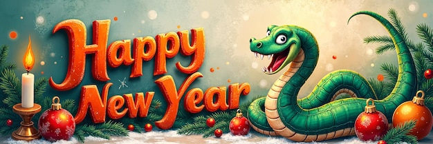 Festive greeting card with the text Happy New Year featuring a cartoon snake and Christmas decorations