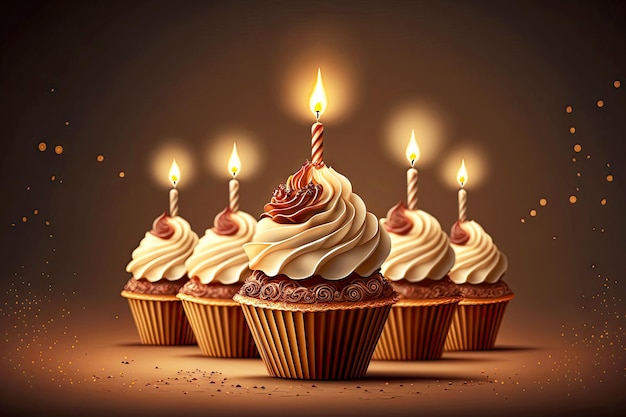 Festive greeting cupcakes with cream and burning candles for birthday