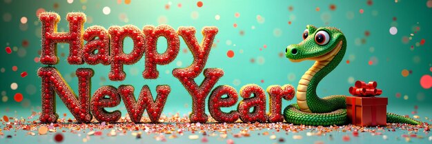 Festive greeting for the New Year featuring a snake with presents and the text Happy New Year in vibrant colors against a green background