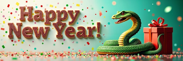 Festive greeting for the New Year with a snake and presents as decorations