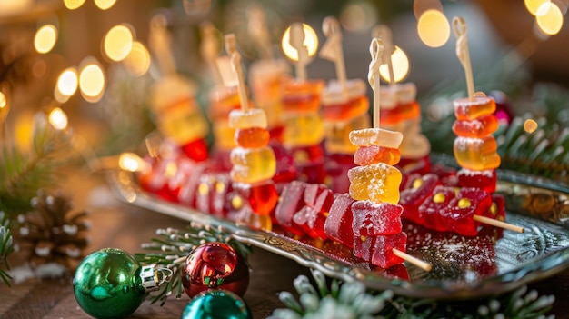 Photo festive gummy bears on ornate plate amidst holiday lights