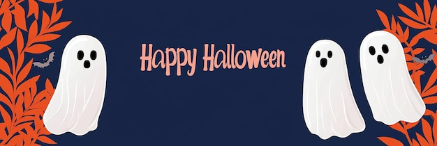 Festive Halloween Banner with Cute Ghosts and Orange Leaves on Dark Blue Background