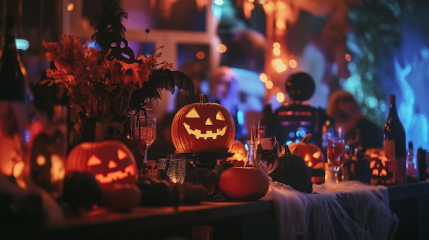 Festive Halloween gathering with carved pumpkins and spooky decorations in dimly lit room