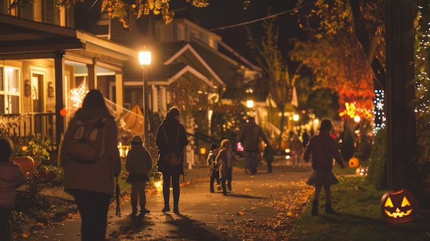 Photo festive halloween night in a decorated neighborhood with families and children trickortreating