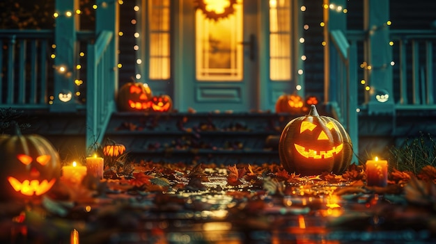 Festive Halloween Porch Decorated with Glowing Jacko39Lanterns and Candles at Night