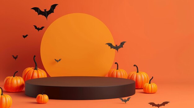 A festive Halloween scene with a black podium surrounded by pumpkins and bats The orange back