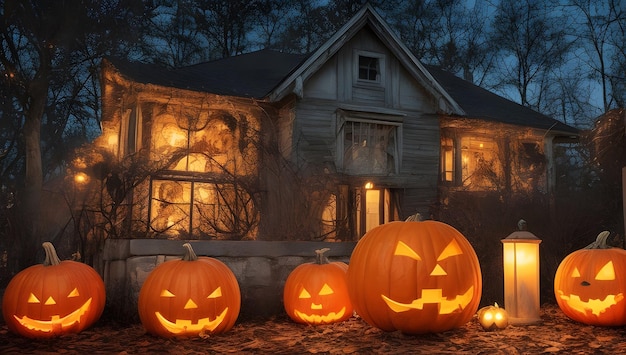 Festive Halloween Wallpaper Background Pumpkins Cobwebs and Spooky Decorations under a Full Moon