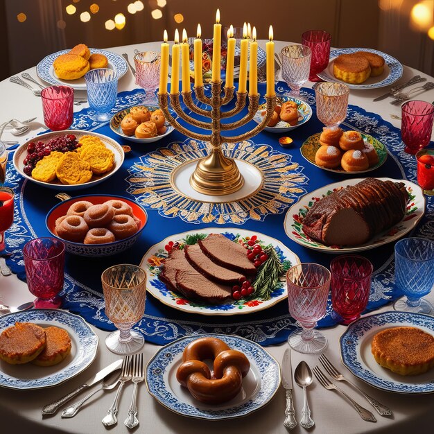 Photo festive hanukkah feast with traditional foods and menorah lighting