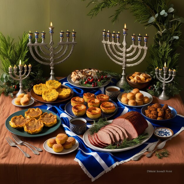 Photo festive hanukkah feast with traditional foods and menorah lighting