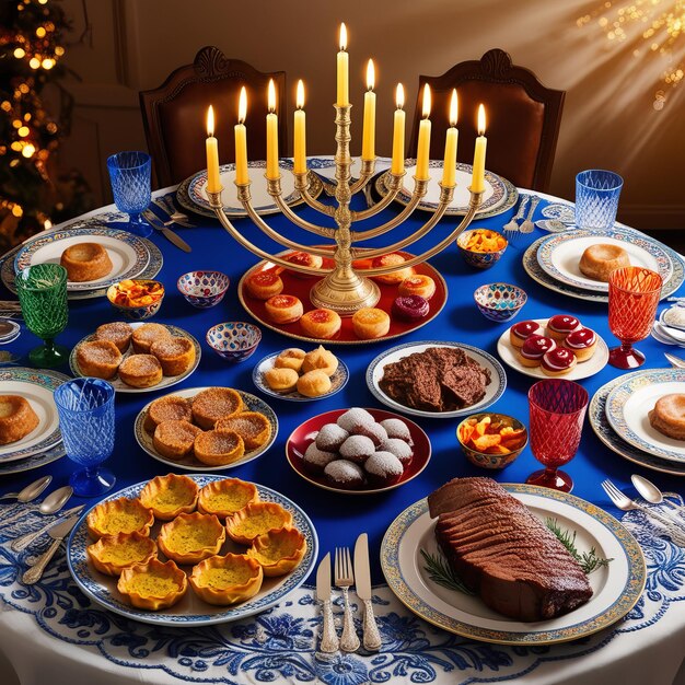 Photo festive hanukkah feast with traditional foods and menorah lighting