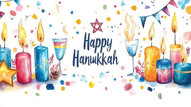 Photo festive hanukkah greeting with lit candles wine glasses and colorful elements