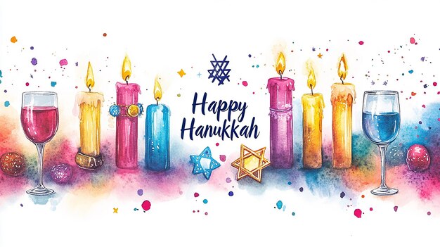 Photo festive hanukkah greeting with lit candles wine glasses and colorful elements