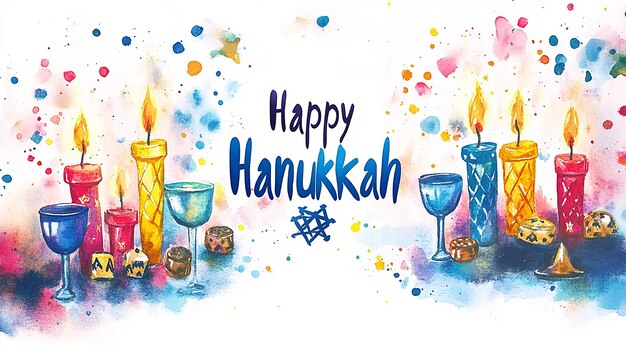 Photo festive hanukkah greeting with lit candles wine glasses and colorful elements