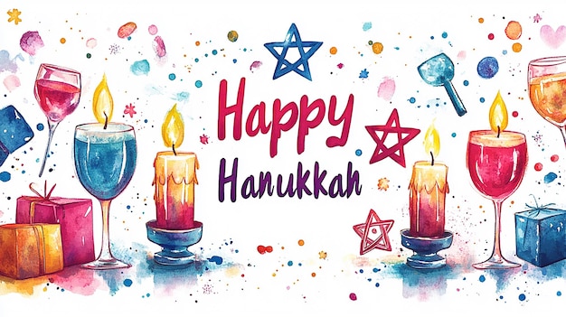 Photo festive hanukkah greeting with lit candles wine glasses and colorful elements